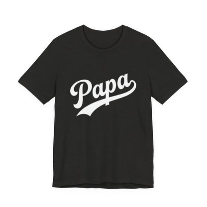 Heather black t-shirt with a graphic of Papa in white.