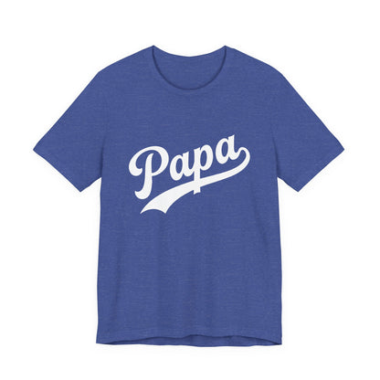 Heather blue t-shirt with a graphic of Papa in white.