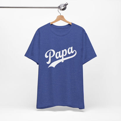 Heather blue t-shirt with a graphic of Papa in white.