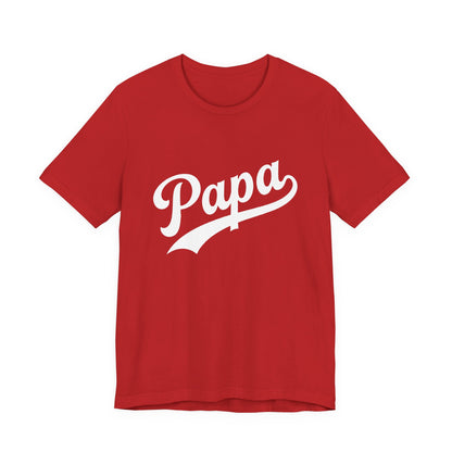 Red t-shirt with a graphic of Papa in white.