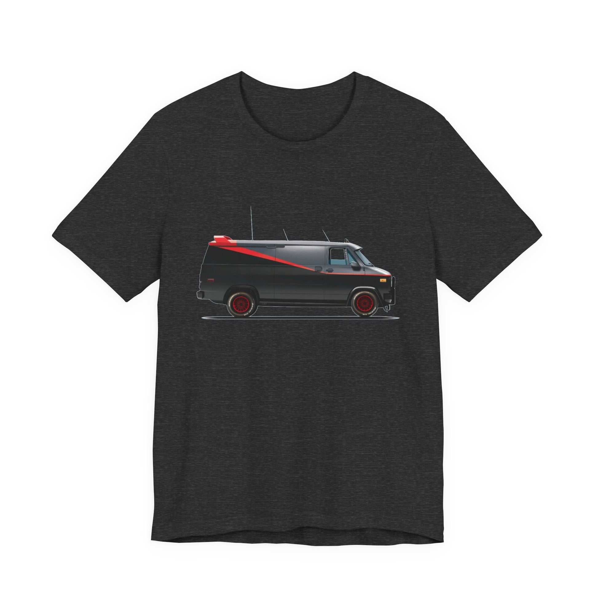A heather gray short-sleeve t-shirt featuring a graphic print of the adventure team van.