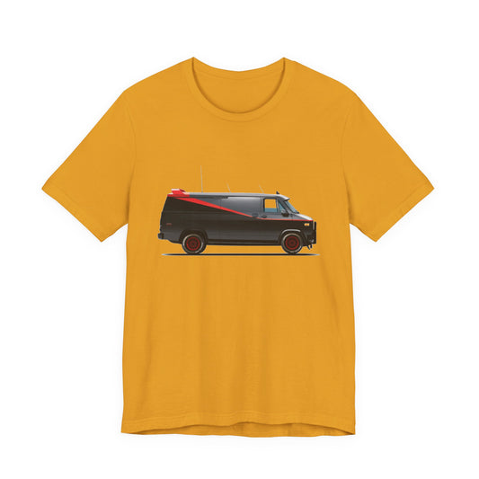 A mustard yellow short-sleeve crewneck t-shirt featuring a graphic print of the adventure team van.
