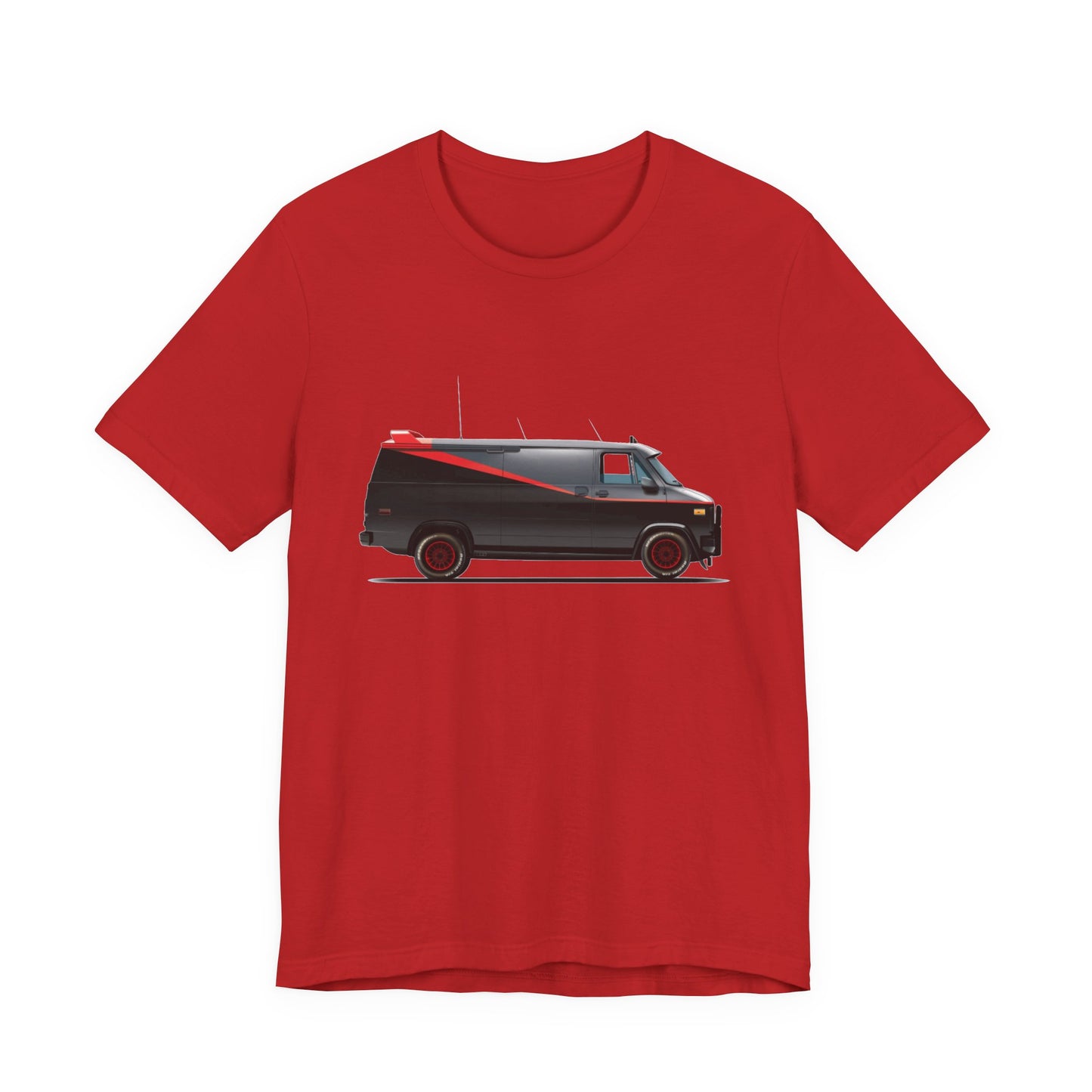 A red short-sleeve crewneck t-shirt featuring a graphic print of the adventure team van.