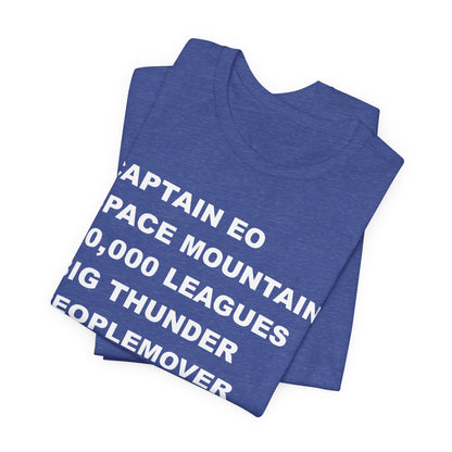 A heather blue short-sleeve crewneck t-shirt with bold white text on the front listing old retro disney rides.