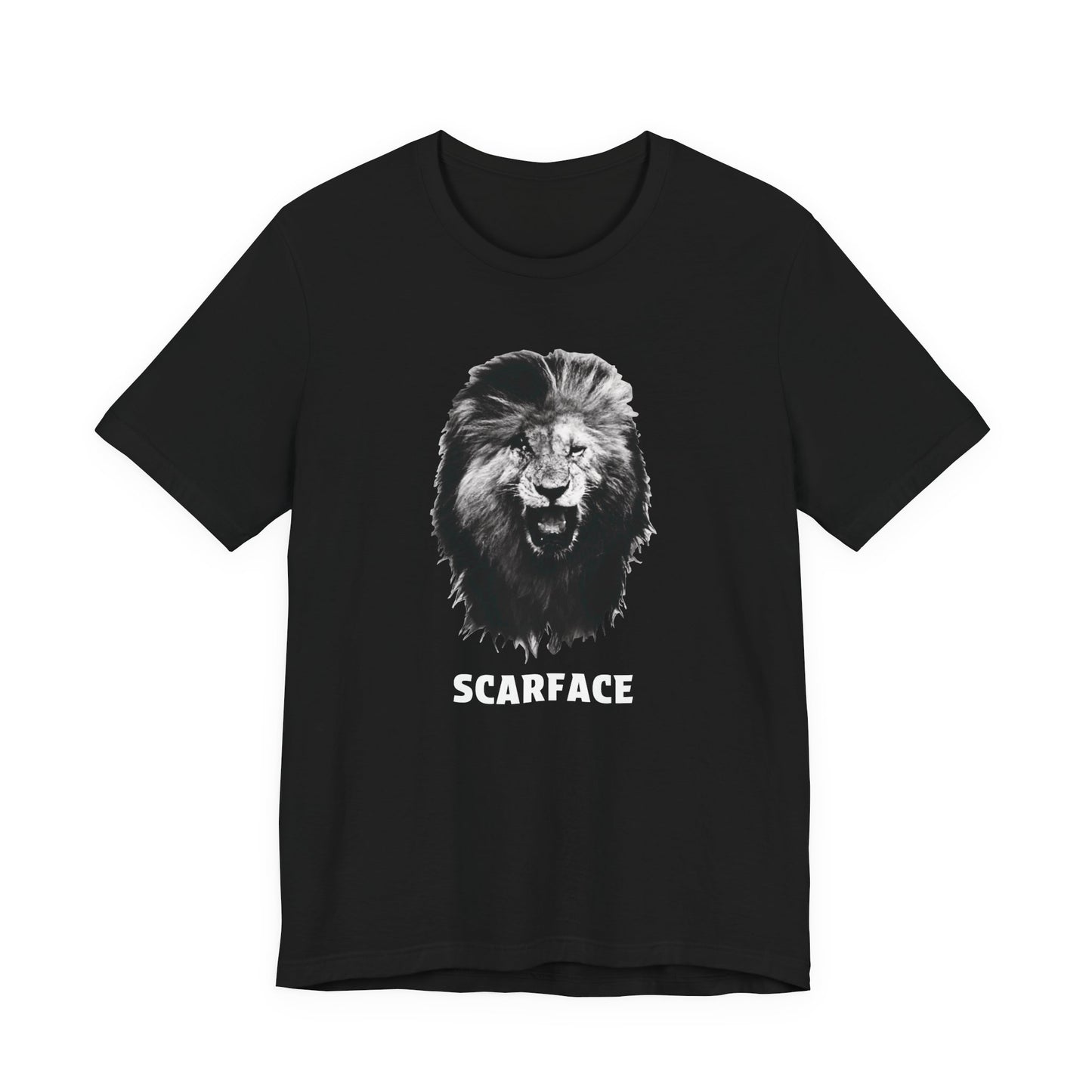 A black short-sleeve t-shirt featuring a graphic of a roaring lion's head with the word 'SCARFACE' printed in white below it.