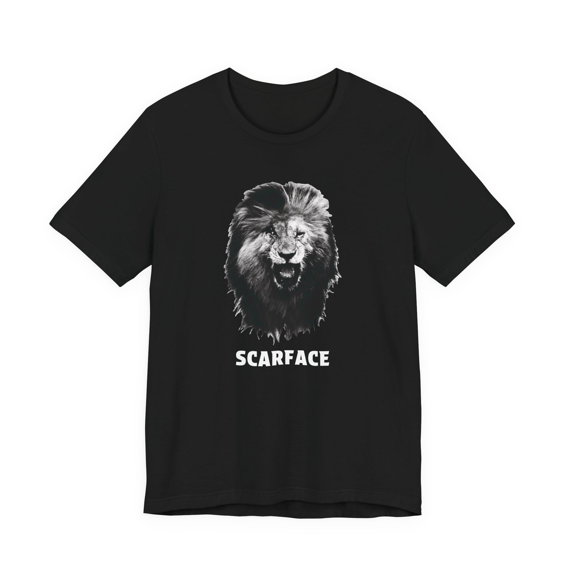 A black short-sleeve t-shirt featuring a graphic of a roaring lion's head with the word 'SCARFACE' printed in white below it.