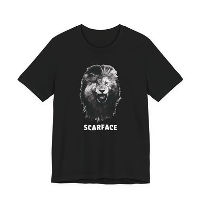 A black short-sleeve t-shirt featuring a graphic of a roaring lion's head with the word 'SCARFACE' printed in white below it.