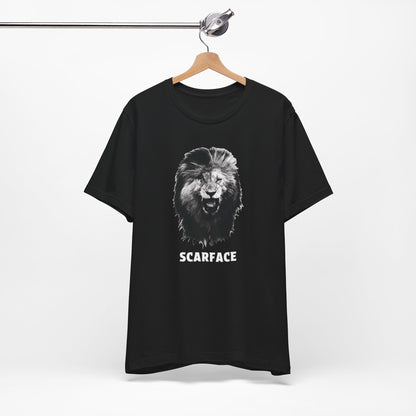 A black short-sleeve t-shirt featuring a graphic of a roaring lion's head with the word 'SCARFACE' printed in white below it.