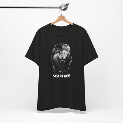 A black short-sleeve t-shirt featuring a graphic of a roaring lion's head with the word 'SCARFACE' printed in white below it.