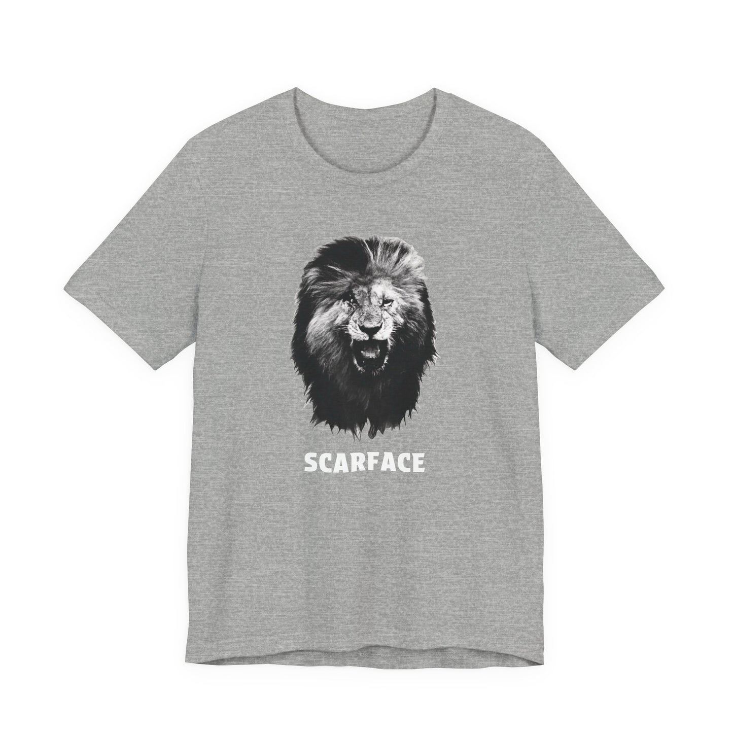 A gray short-sleeve t-shirt featuring a graphic of a roaring lion's head with the word 'SCARFACE' printed in white below it.