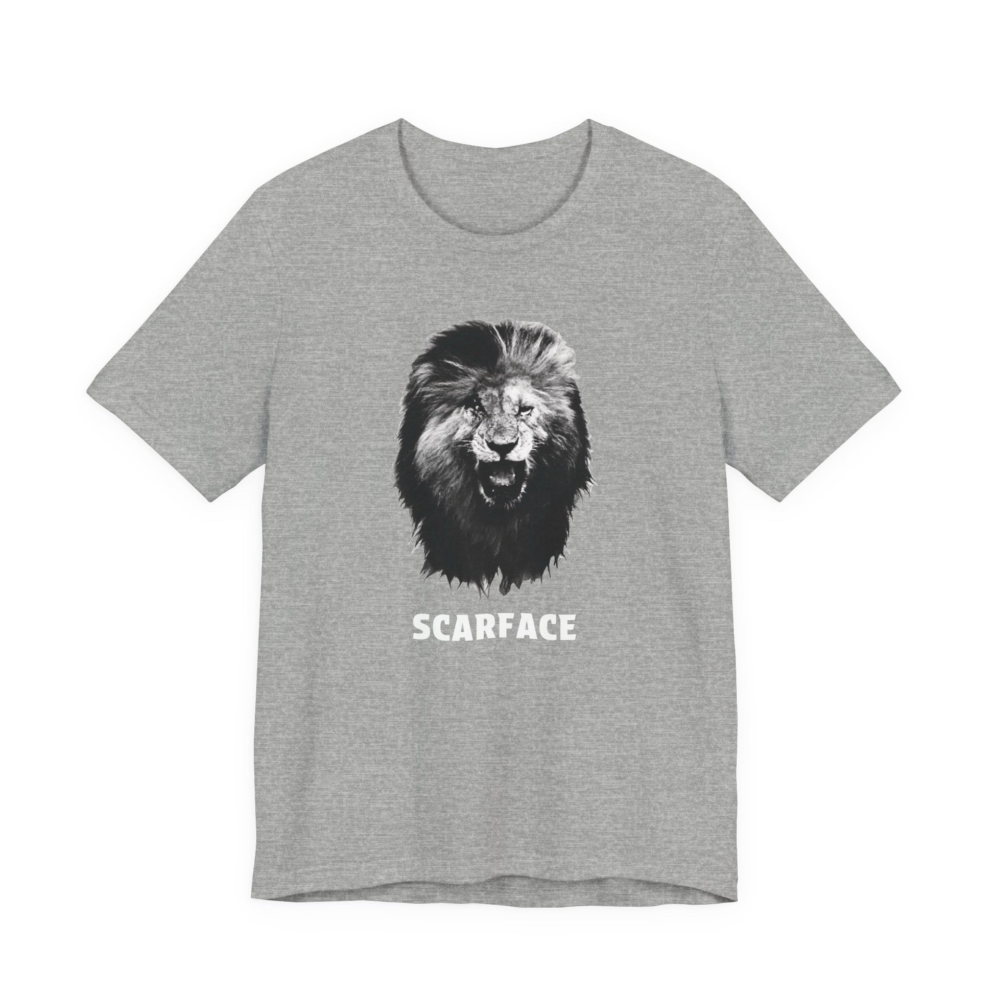 A gray short-sleeve t-shirt featuring a graphic of a roaring lion's head with the word 'SCARFACE' printed in white below it.