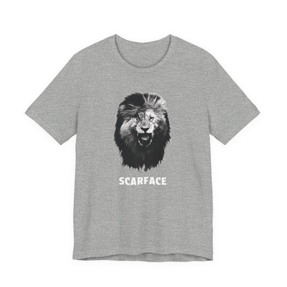 A gray short-sleeve t-shirt featuring a graphic of a roaring lion's head with the word 'SCARFACE' printed in white below it.