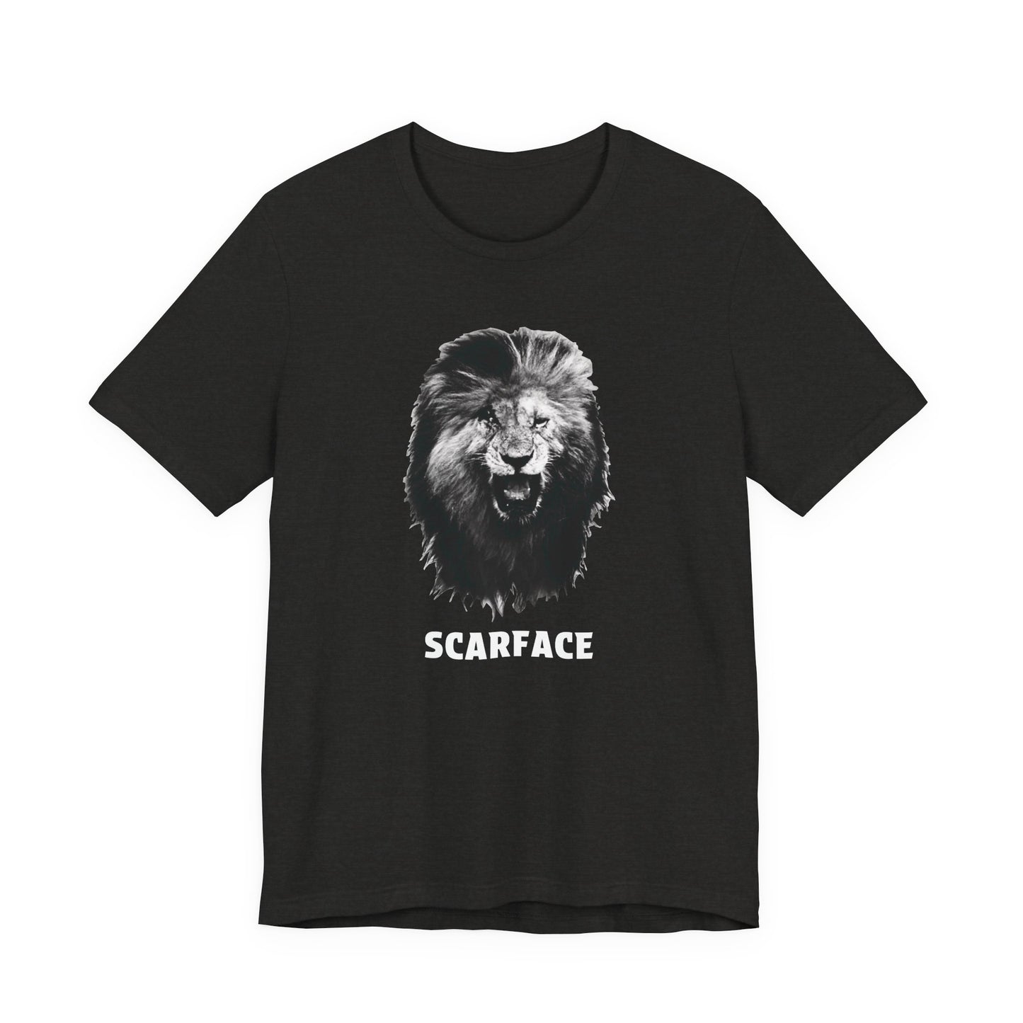 A heather black short-sleeve t-shirt featuring a graphic of a roaring lion's head with the word 'SCARFACE' printed in white below it.