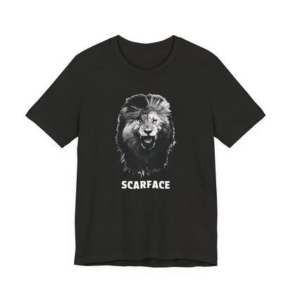 A heather black short-sleeve t-shirt featuring a graphic of a roaring lion's head with the word 'SCARFACE' printed in white below it.