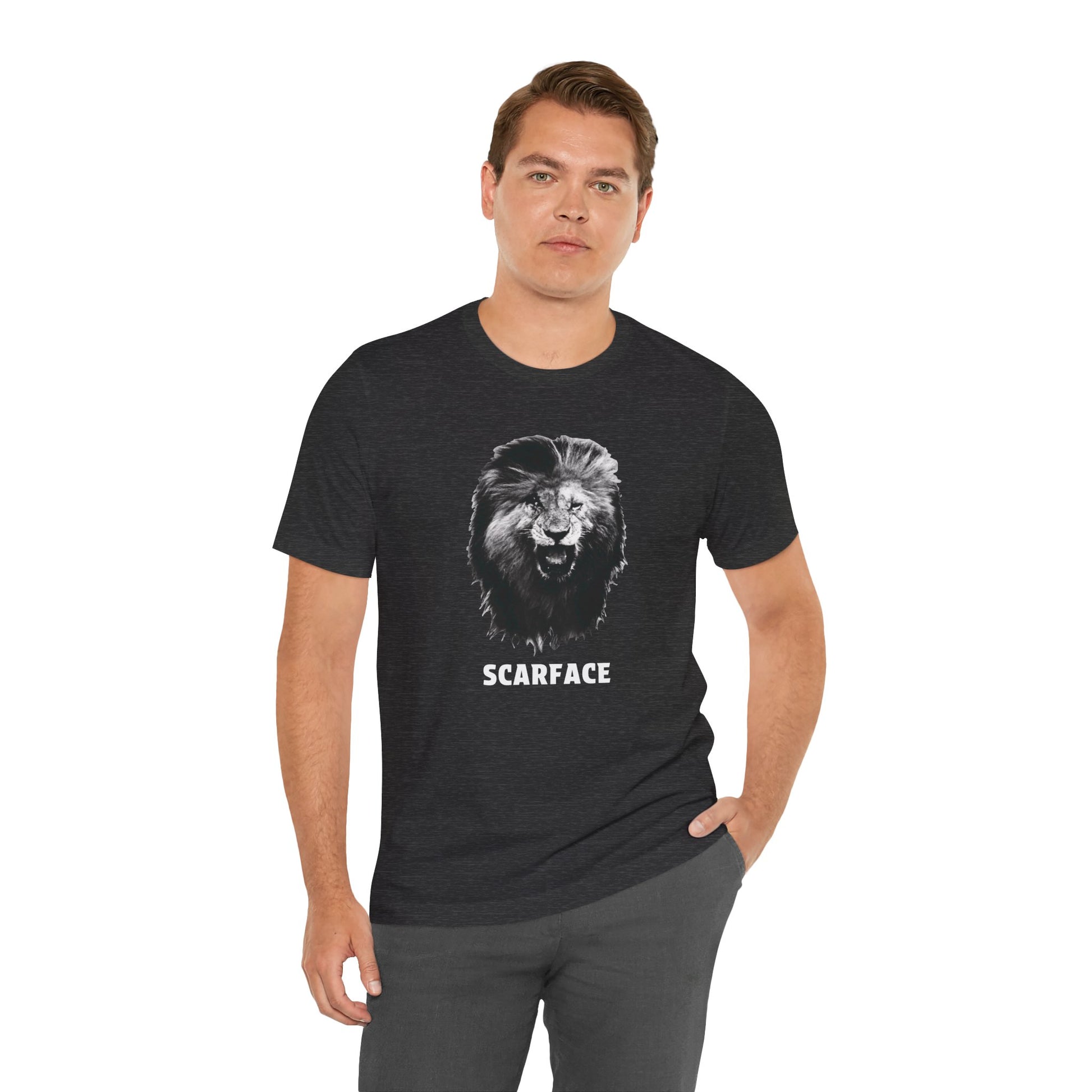 A heather black short-sleeve t-shirt featuring a graphic of a roaring lion's head with the word 'SCARFACE' printed in white below it.