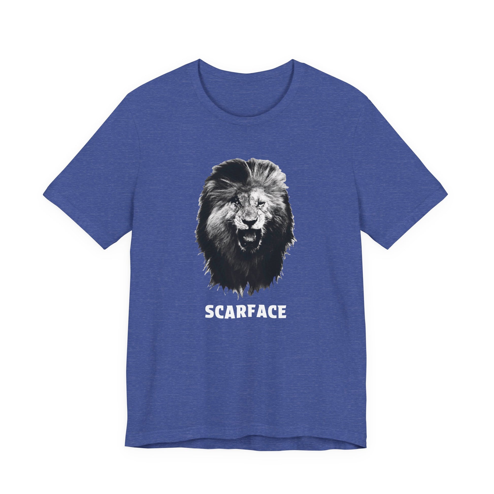 A heather blue short-sleeve t-shirt featuring a graphic of a roaring lion's head with the word 'SCARFACE' printed in white below it.