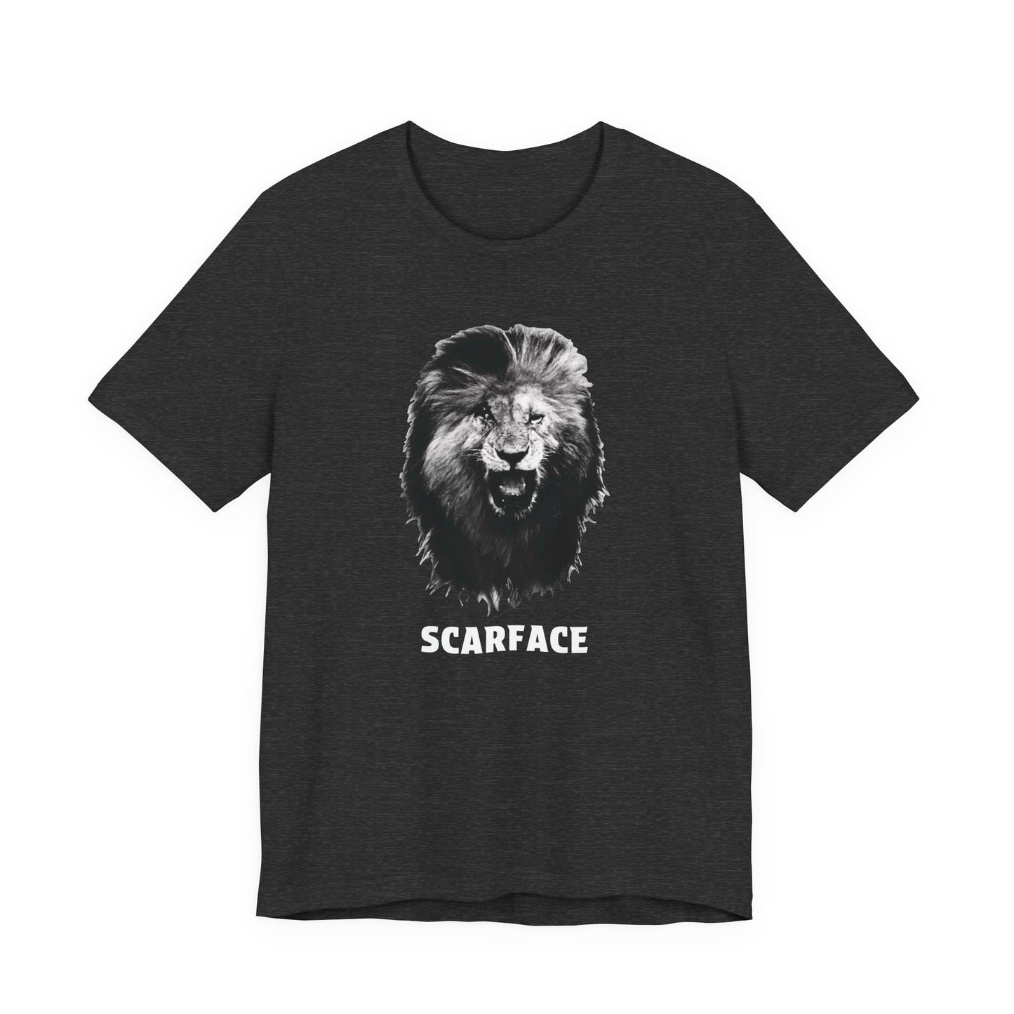 A heather gray short-sleeve t-shirt featuring a graphic of a roaring lion's head with the word 'SCARFACE' printed in white below it.