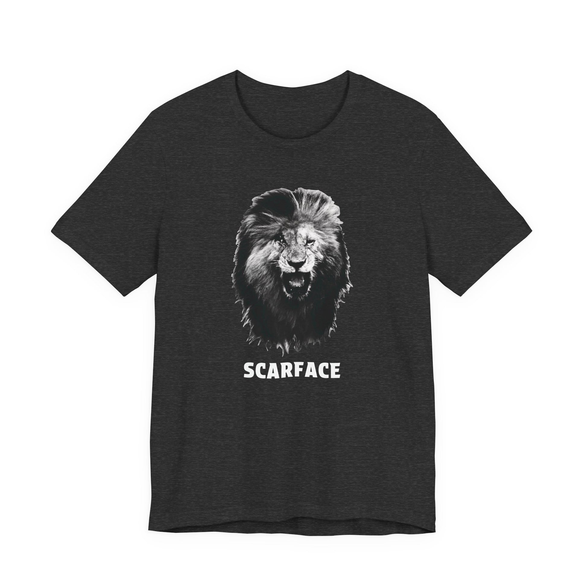 A heather gray short-sleeve t-shirt featuring a graphic of a roaring lion's head with the word 'SCARFACE' printed in white below it.