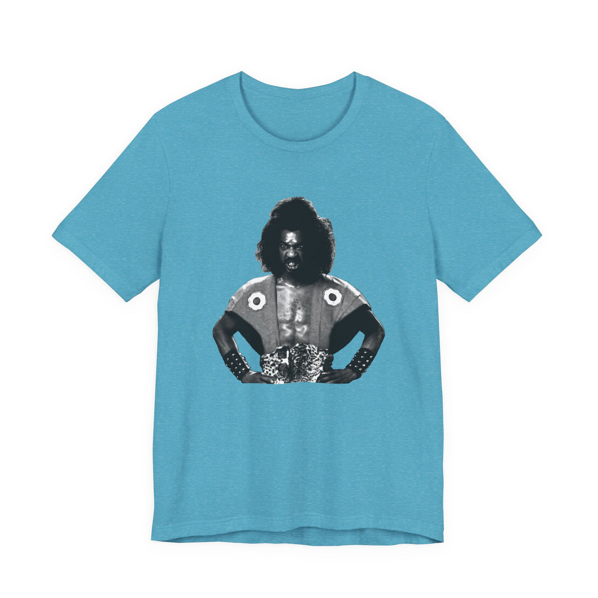 An aqua short-sleeve crewneck t-shirt featuring Shogun from the last Dragon.