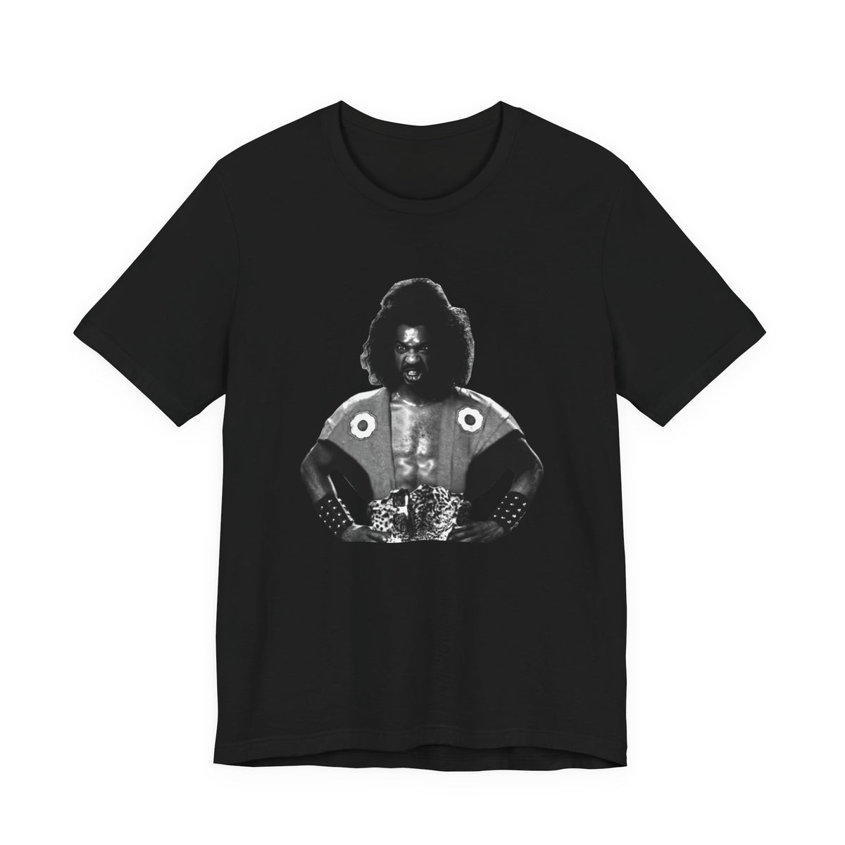 A black short-sleeve crewneck t-shirt featuring Shogun from the last Dragon.