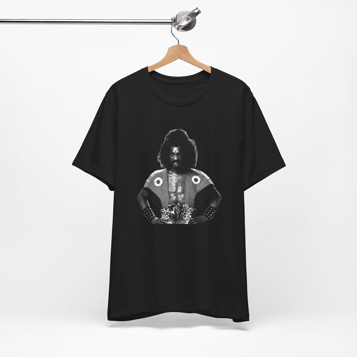 A black short-sleeve crewneck t-shirt featuring Shogun from the last Dragon.