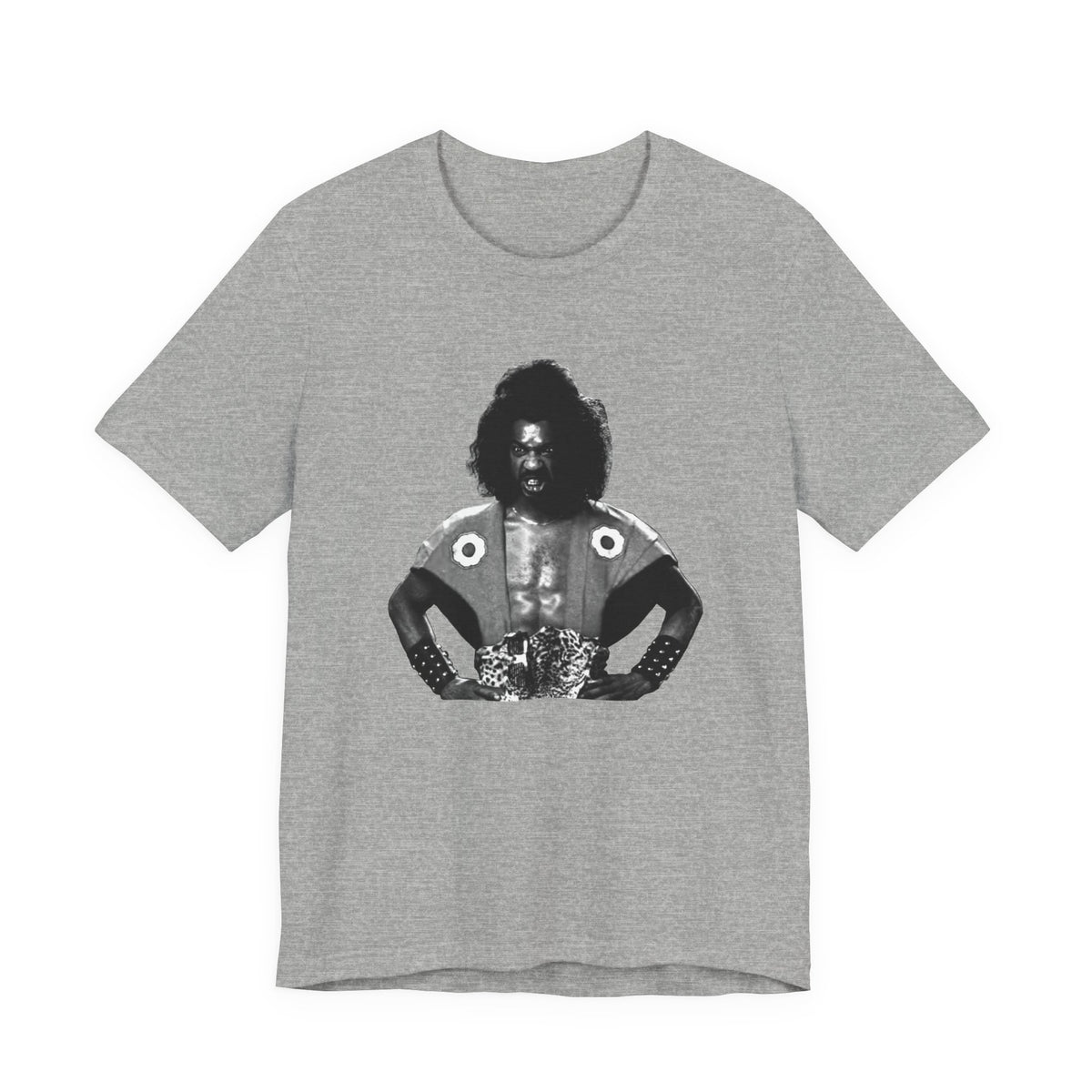 A gray short-sleeve crewneck t-shirt featuring Shogun from the last Dragon.