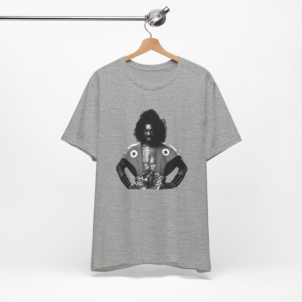 A gray short-sleeve crewneck t-shirt featuring Shogun from the last Dragon.