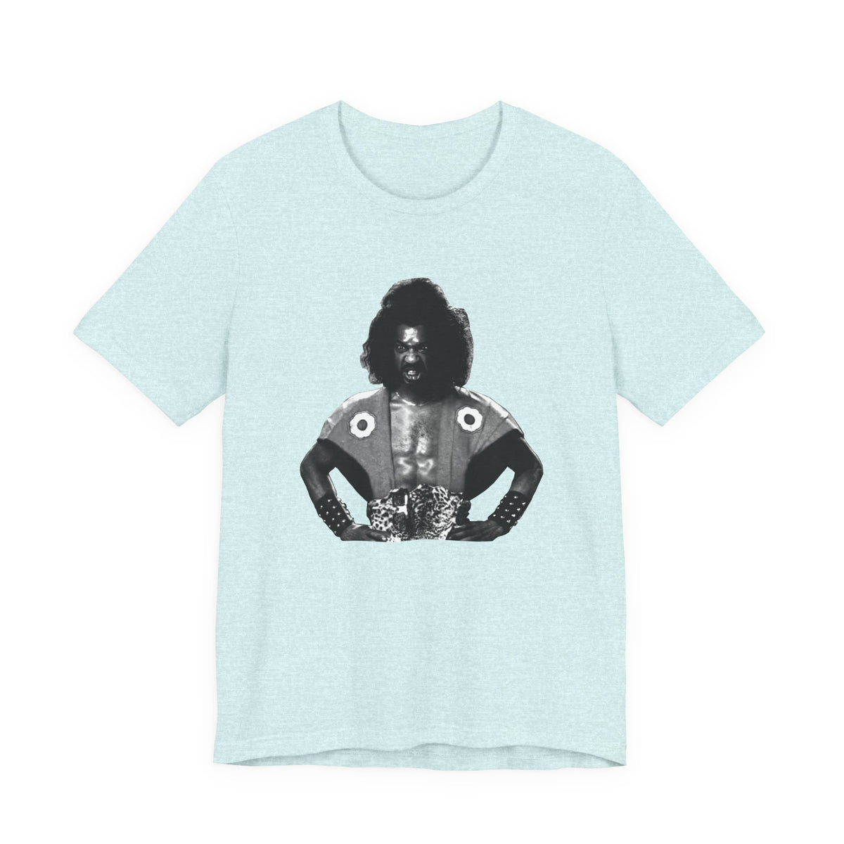 A heather aqua short-sleeve crewneck t-shirt featuring Shogun from the last Dragon.