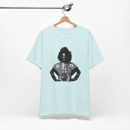 A heather aqua short-sleeve crewneck t-shirt featuring Shogun from the last Dragon.