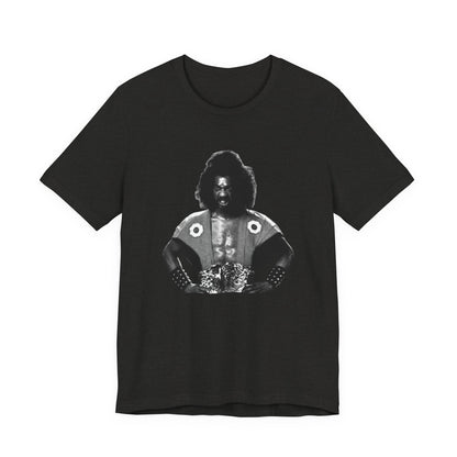 A heather black short-sleeve crewneck t-shirt featuring Shogun from the last Dragon.