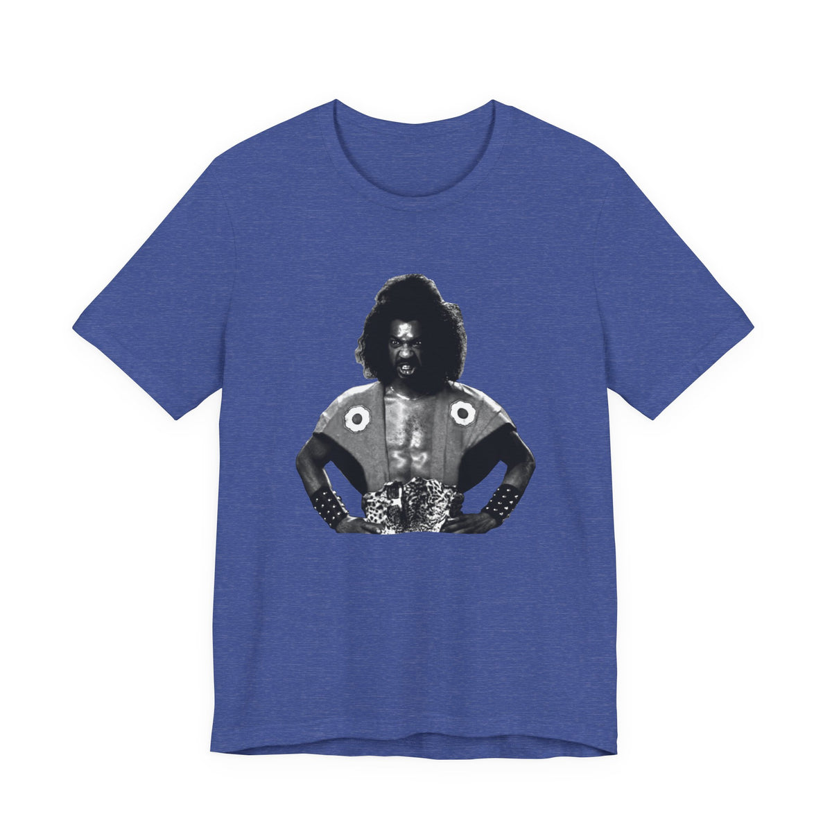 A heather blue short-sleeve crewneck t-shirt featuring Shogun from the last Dragon.