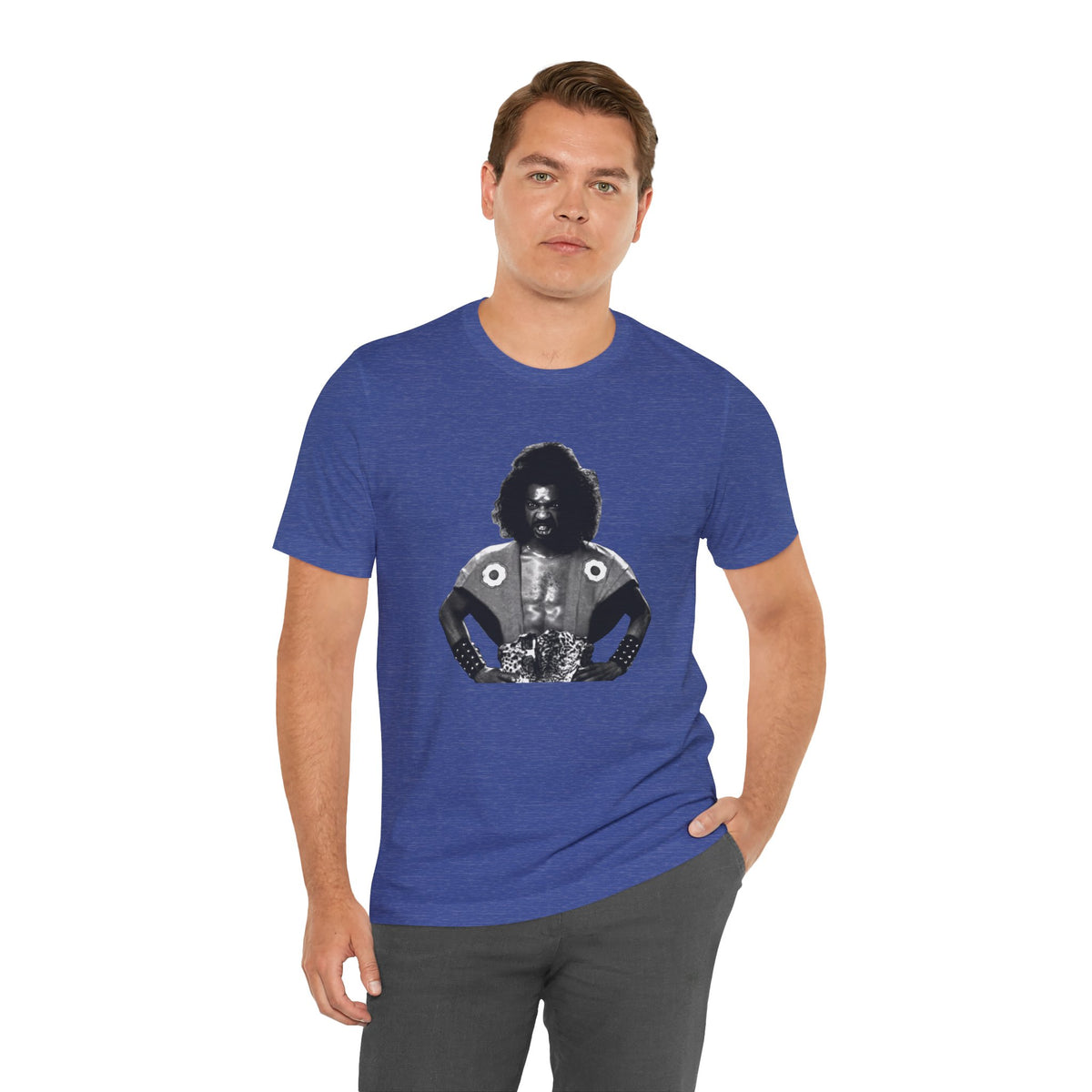 A heather blue short-sleeve crewneck t-shirt featuring Shogun from the last Dragon.