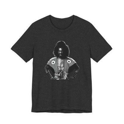 A heather gray short-sleeve crewneck t-shirt featuring Shogun from the last Dragon.