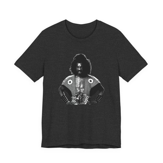 A heather gray short-sleeve crewneck t-shirt featuring Shogun from the last Dragon.