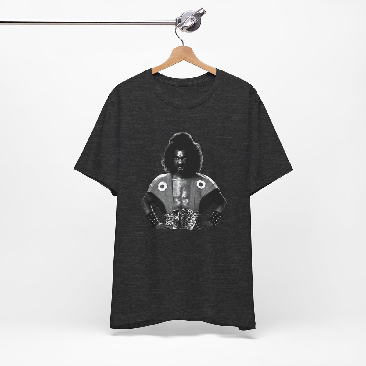 A heather gray short-sleeve crewneck t-shirt featuring Shogun from the last Dragon.