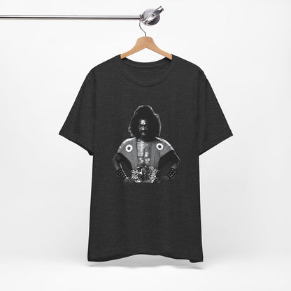 A heather gray short-sleeve crewneck t-shirt featuring Shogun from the last Dragon.