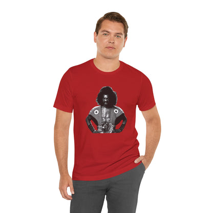 An red short-sleeve crewneck t-shirt featuring Shogun from the last Dragon.