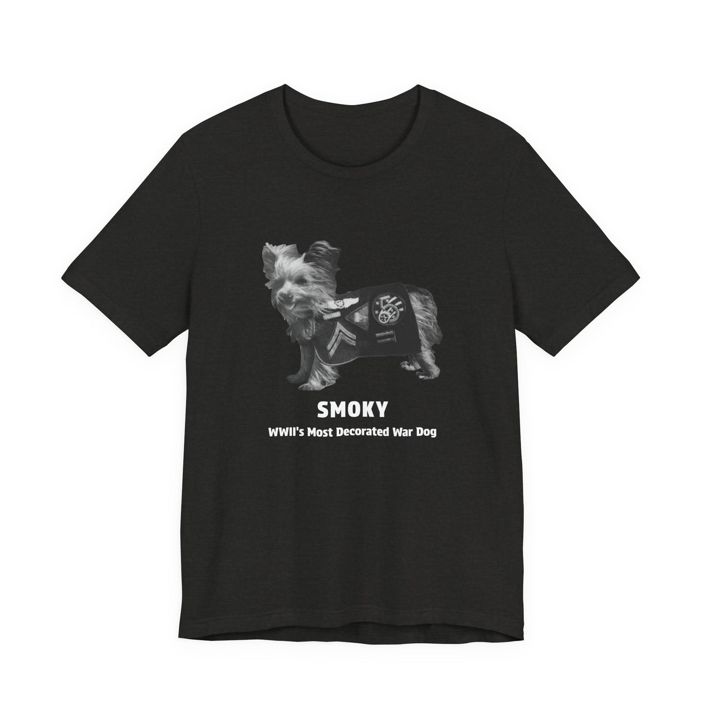 A black short-sleeve t-shirt with a graphic of a small dog wearing a military combat utility vest, with the text 'SMOKY' and 'WWII'S Most Decorated War Dog' printed below.