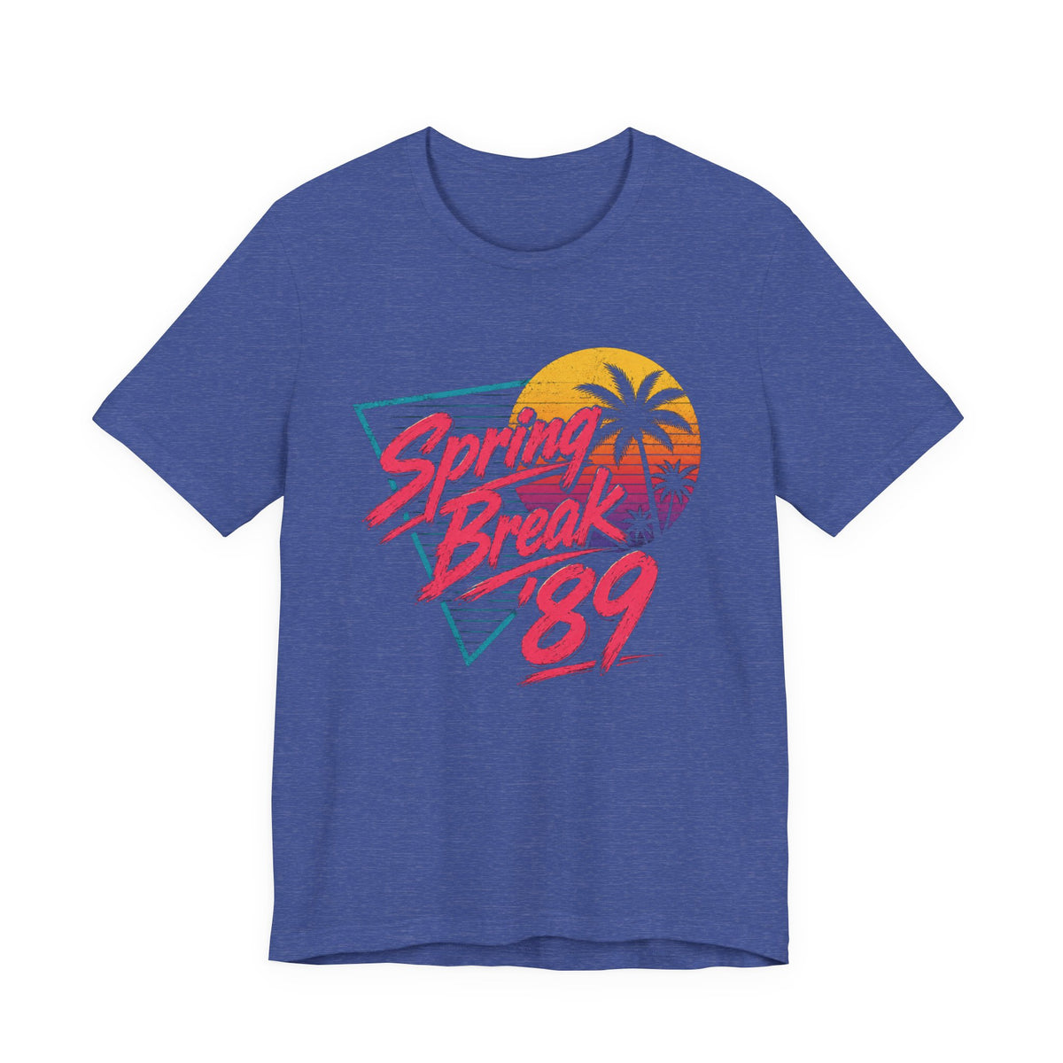 A crewneck t-shirt featuring a colorful retro graphic on the front that reads 'Spring Break 89' with a sunset and palm tree design.