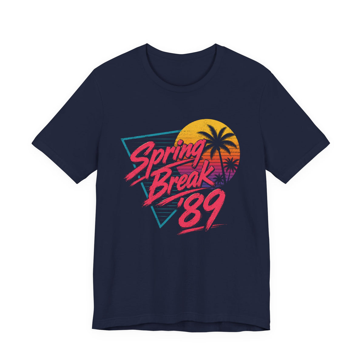 A crewneck t-shirt featuring a colorful retro graphic on the front that reads 'Spring Break 89' with a sunset and palm tree design.