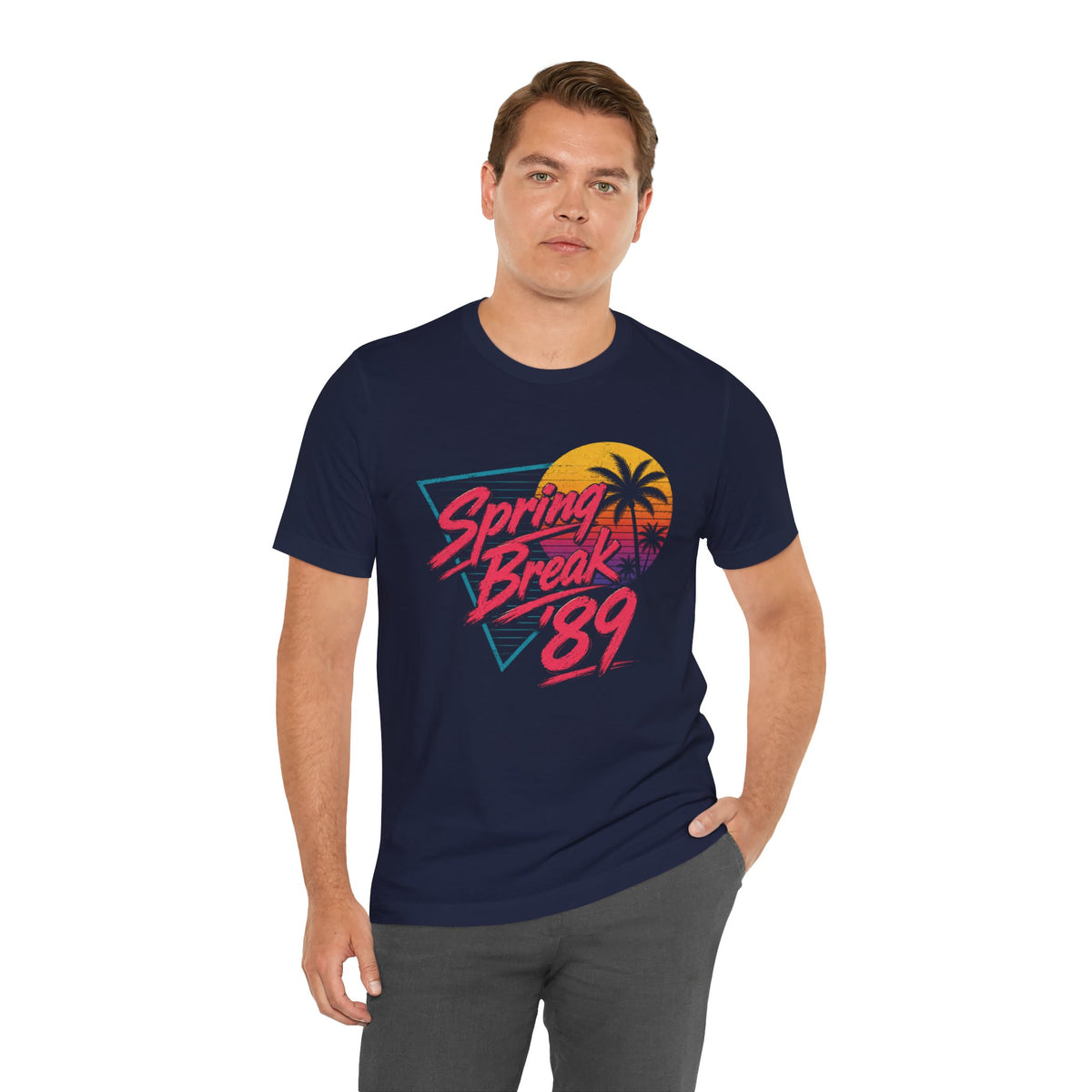 A crewneck t-shirt featuring a colorful retro graphic on the front that reads 'Spring Break 89' with a sunset and palm tree design.