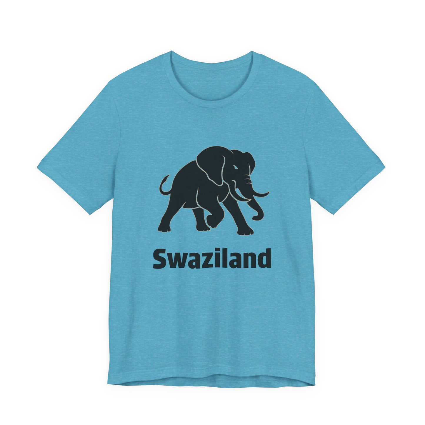 A heather aqua short-sleeve t-shirt featuring a black graphic of an elephant and the word 'Swaziland' printed below it.