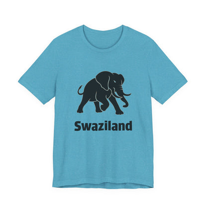 A heather aqua short-sleeve t-shirt featuring a black graphic of an elephant and the word 'Swaziland' printed below it.