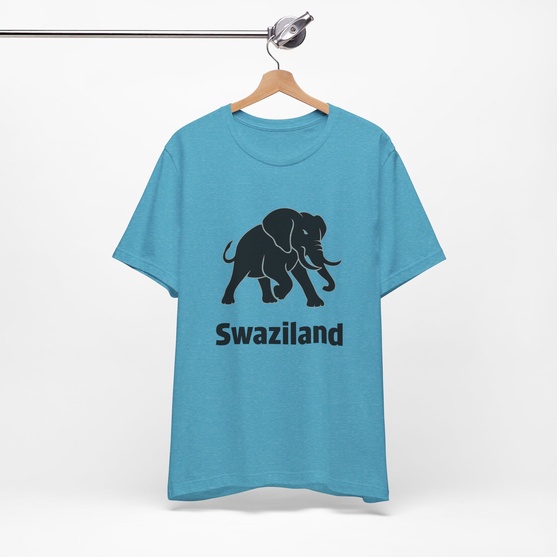 An aqua crewneck t-shirt features a black graphic of a walking elephant with the word 'Swaziland' printed underneath.
