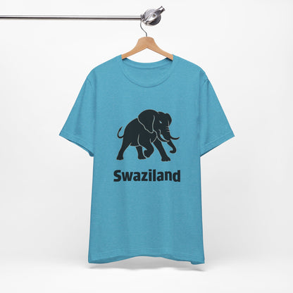 An aqua crewneck t-shirt features a black graphic of a walking elephant with the word 'Swaziland' printed underneath.