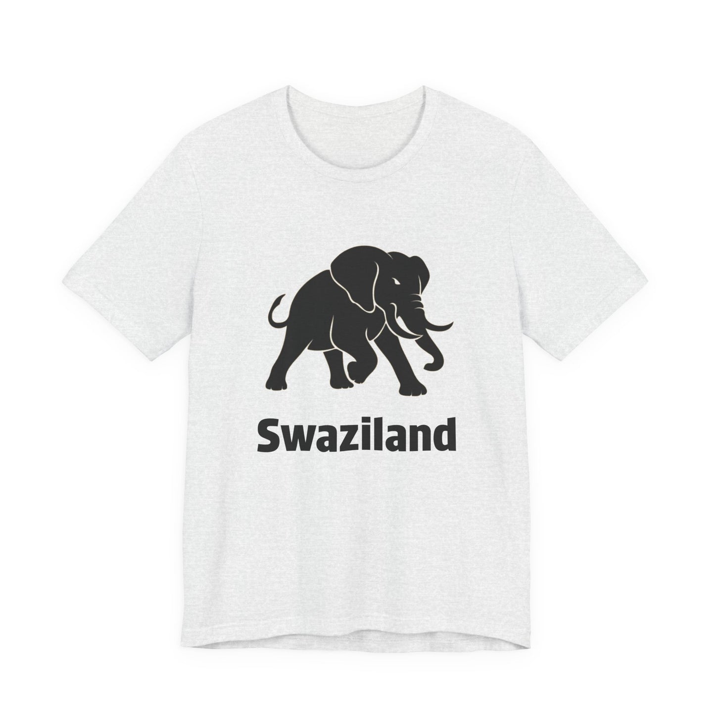 A athletic heather short-sleeve crewneck t-shirt featuring a black graphic of an elephant and the word 'Swaziland' printed below it.