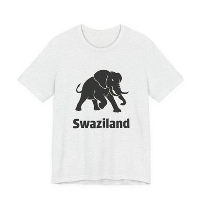 A athletic heather short-sleeve crewneck t-shirt featuring a black graphic of an elephant and the word 'Swaziland' printed below it.