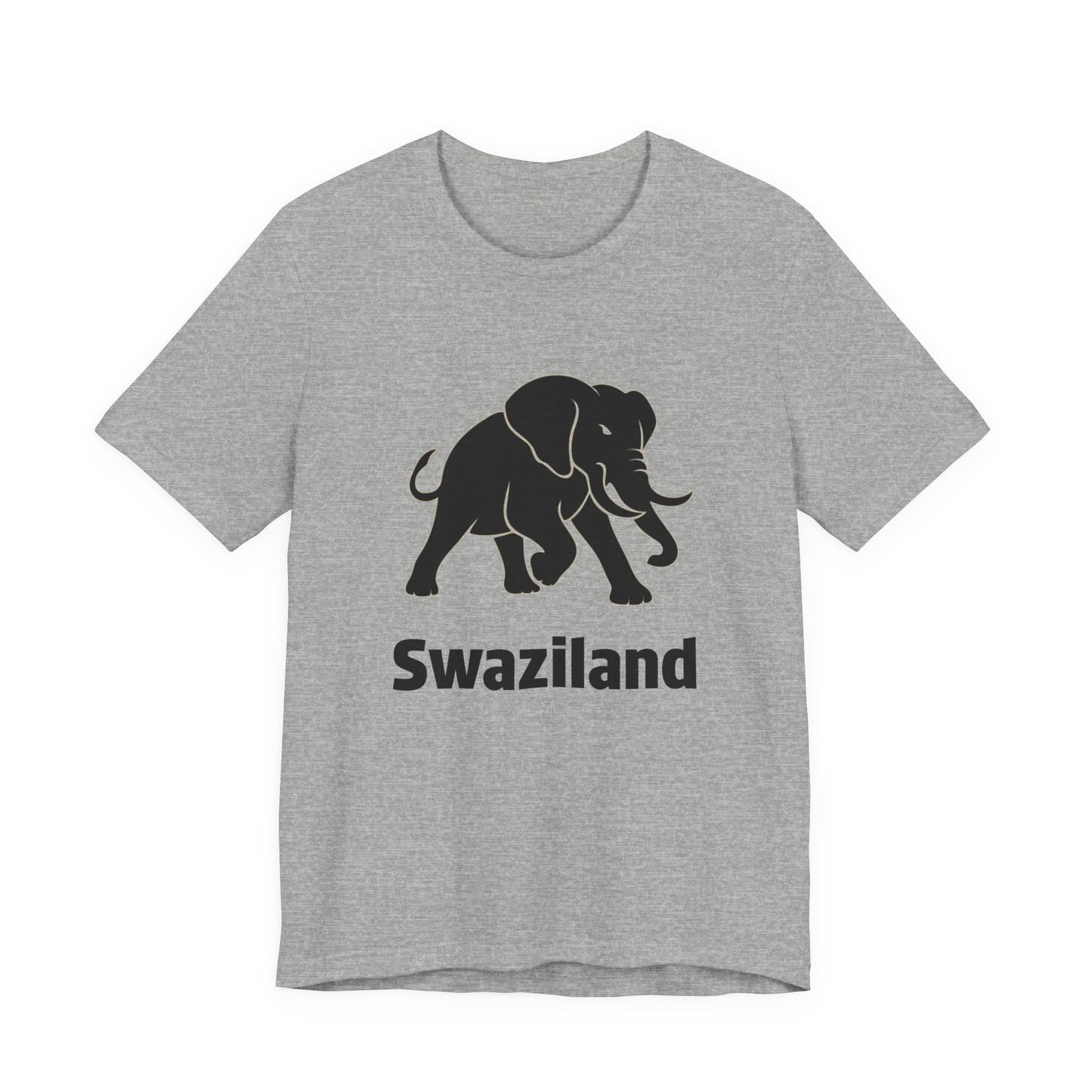 A heather gray short-sleeve t-shirt featuring a black graphic of an elephant and the word 'Swaziland' printed below it.