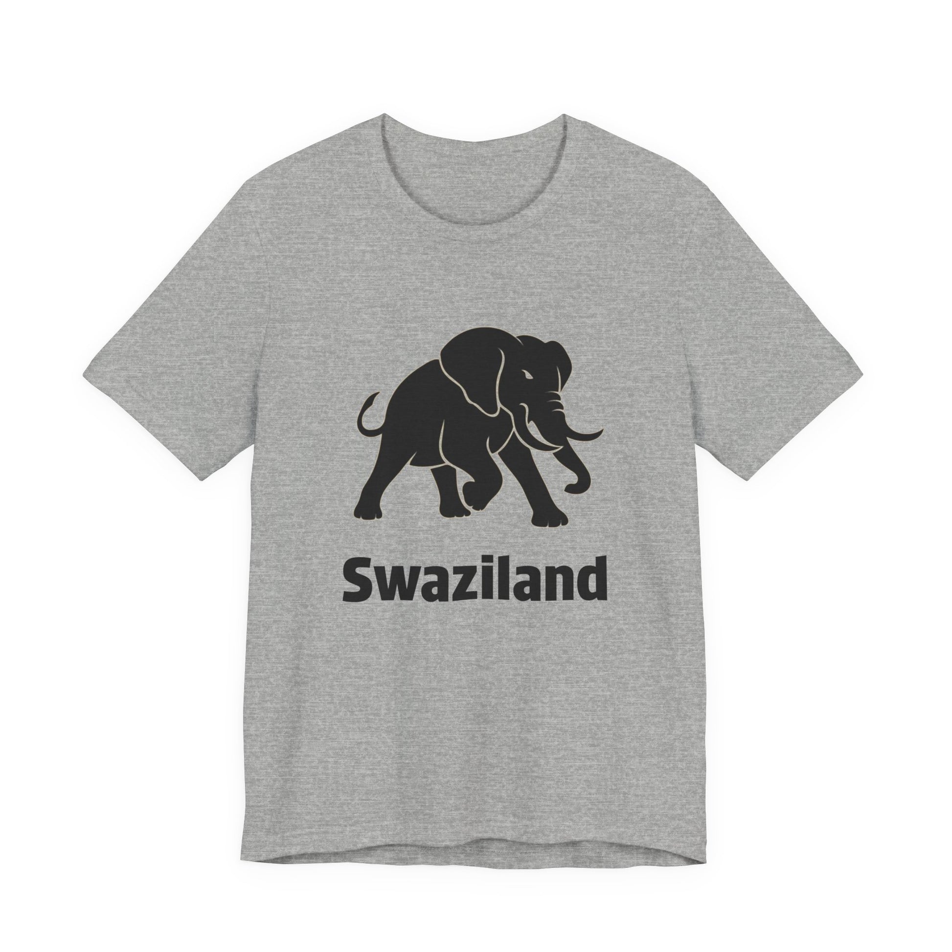 A heather gray short-sleeve t-shirt featuring a black graphic of an elephant and the word 'Swaziland' printed below it.