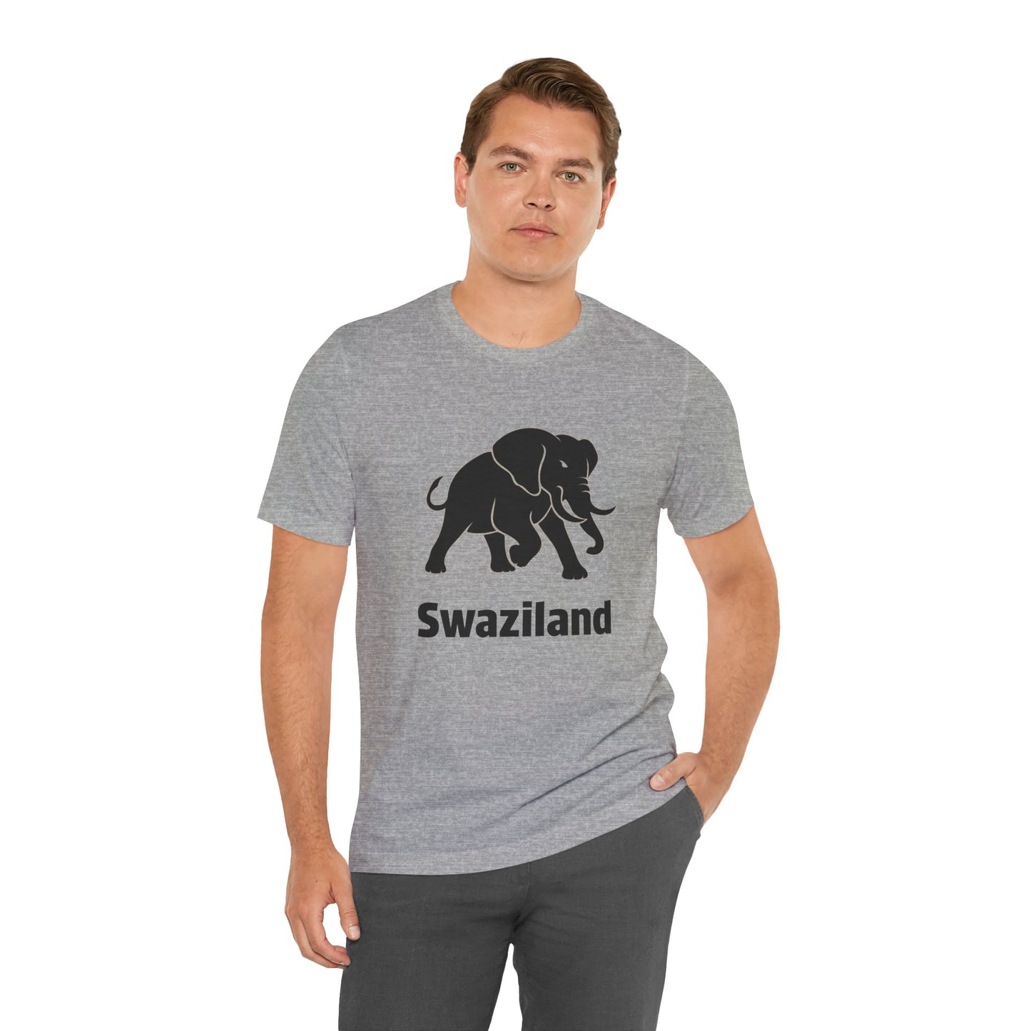 A man wearing a gray crewneck t-shirt with a black elephant graphic and the word 'Swaziland' printed below it.